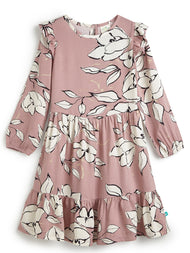 Girls' Floral Print Ruffle Sleeve Tiered Dress – Pink & Ivory