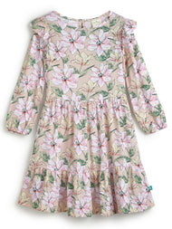 Girls' Beige Floral Print Tiered Dress with Ruffle Sleeves