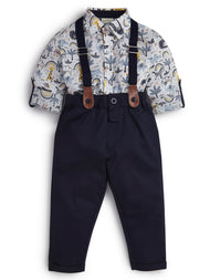 Baby Boys' Formal Outfit – Safari Print Shirt with Suspenders & Navy Pants