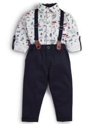 Baby Boys' Formal Outfit – Printed Shirt with Suspenders & Navy Pants