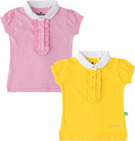 Girls Puff Sleeve Collar Top with Frill Placket – Pink / Yellow