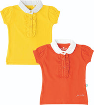 Girls Cotton Collared Top with Ruffle Button Placket – Yellow & Orange
