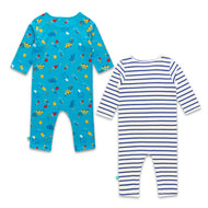 "Baby Boys' 2-Pack Rompers – Blue Transport Print & Striped Dinosaur Appliqué Rompers"