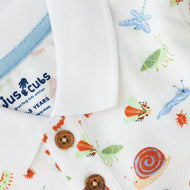 "Baby Boys White Organic Cotton Polo T-Shirt with Colorful Insect Print & Wooden Buttons"
