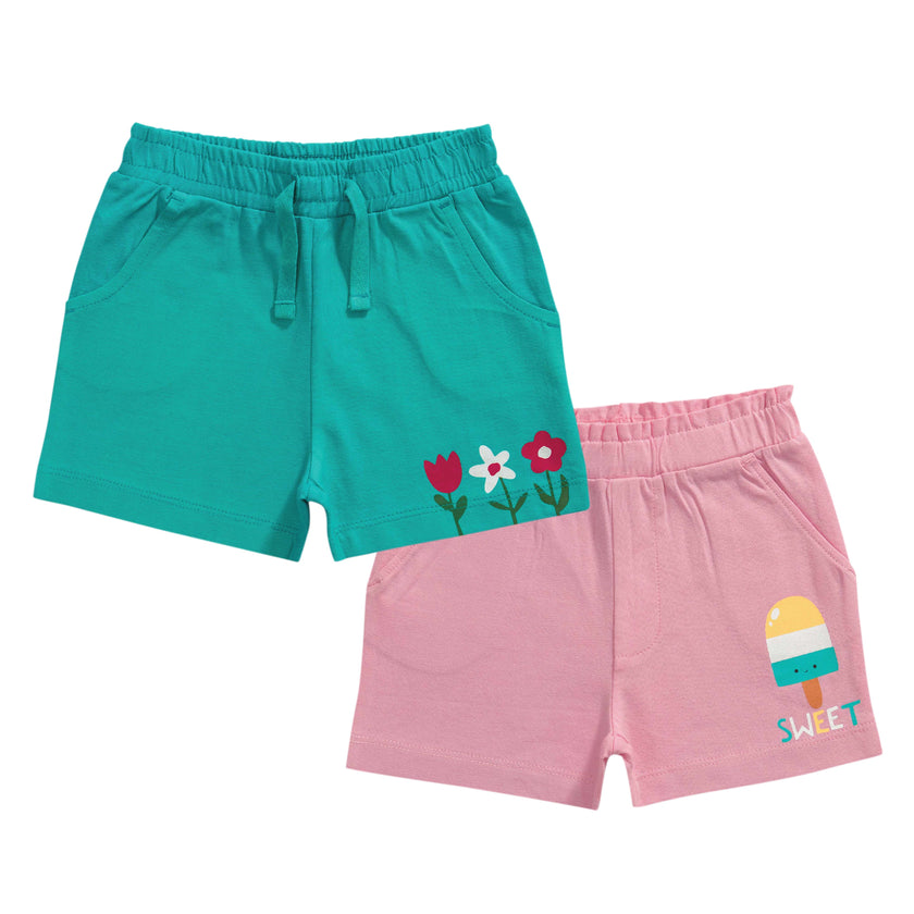 Baby Girls' Cotton Shorts Set – Pack of 2, Elastic Waist, Printed Casual Wear