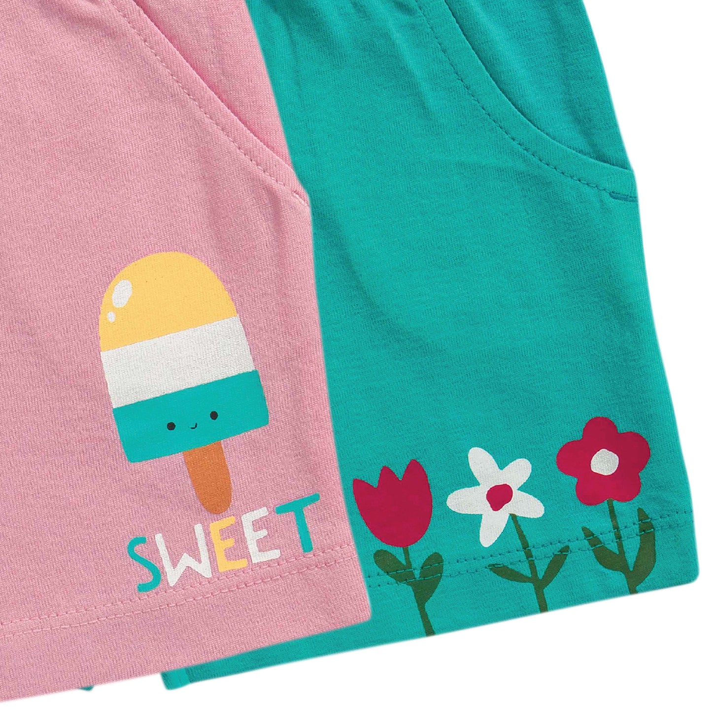 Baby Girls' Cotton Shorts Set – Pack of 2, Elastic Waist, Printed Casual Wear