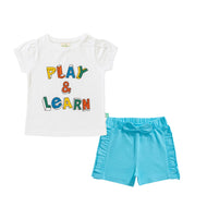 "Girls' Play & Learn T-Shirt and Ruffled Shorts Set – Casual Summer Outfit"