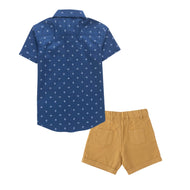 "Boys' Stylish Blue Printed Shirt & Mustard Cotton Shorts Set – Summer Casual Outfit"