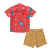"Boys' Red Animal Print Shirt and Mustard Shorts Set – Fun Forest Adventure Outfit"