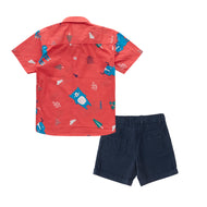 "Boys' Forest Animal Print Shirt and Navy Shorts Set – Playful Adventure Outfit"