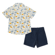 "Boys' Beach Van Print Shirt and Navy Shorts Set – Casual Summer Outfit"