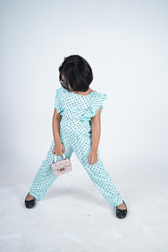 "Girls' Sleeveless Printed Jumpsuit with Ruffle Detailing – Aqua Blue"