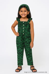 "Girls Sleeveless Ruffle Strap Jumpsuit with Leaf Print – Green & Black"