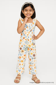 "Girls Sleeveless Ruffle Strap Jumpsuit with Floral Print – White Multicolor"