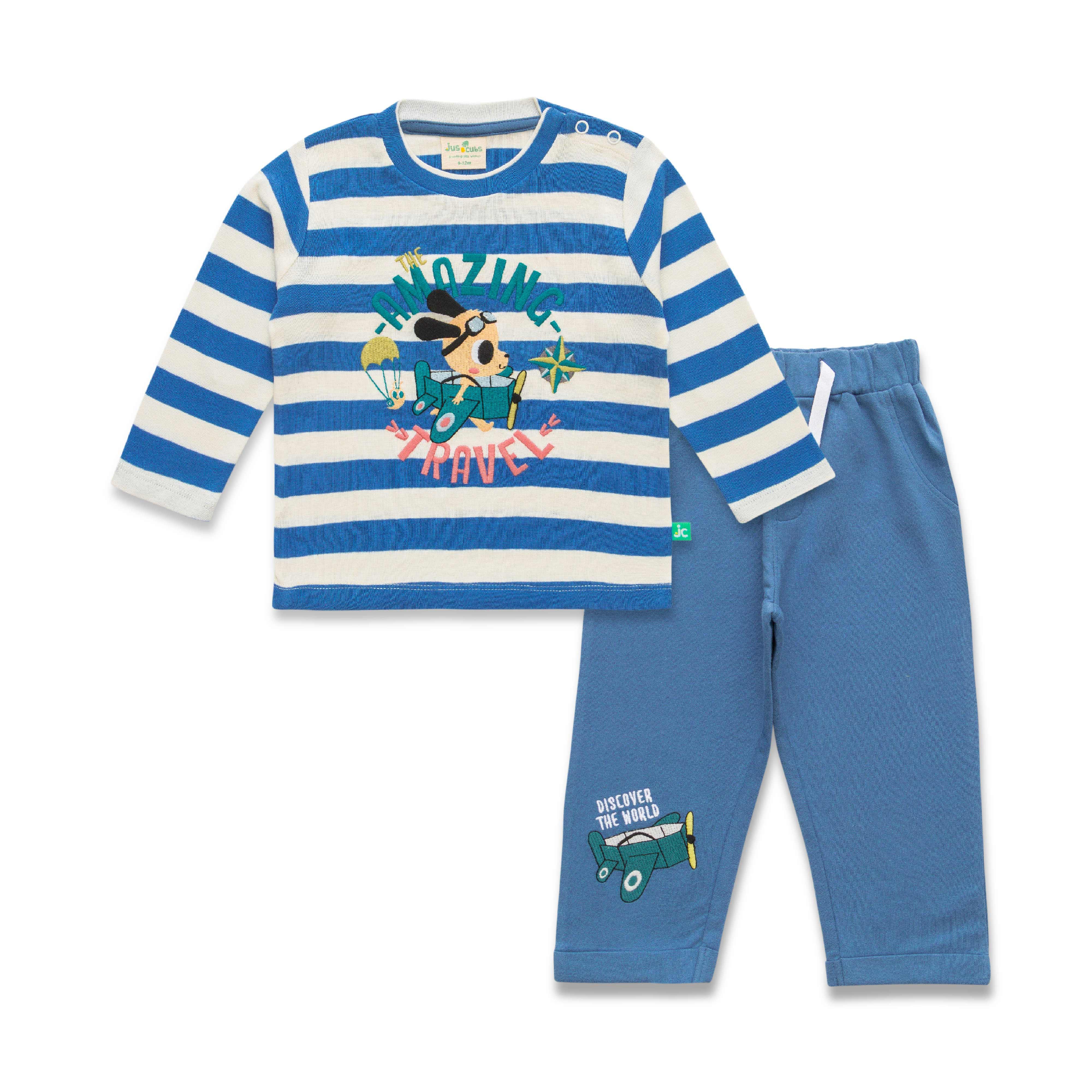 Baby Boys 100% Cotton Graphic Printed Full Sleeve Tee With Pajama - Juscubs
