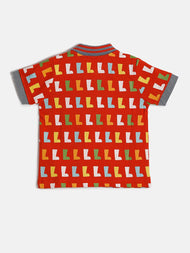 "Baby Boys' Red Printed Polo T-Shirt with Boots Pattern and Garden Adventure Patch"