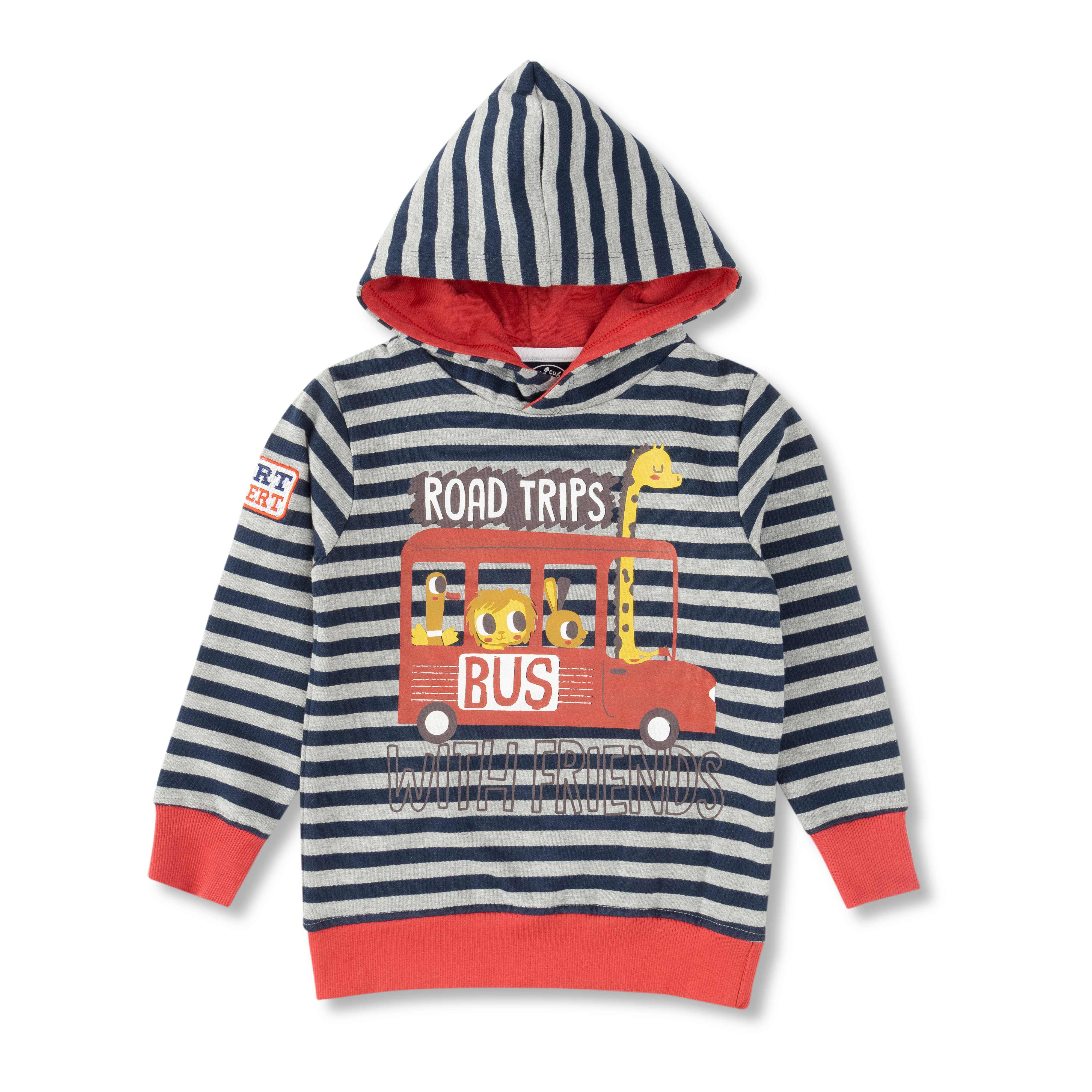 Baby Boys Striped Road Trips Bus Embroidery Hoody - Juscubs