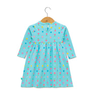 Baby Girls' Long Sleeve Polka Dot & Cherry Print Dress – Aqua Blue Casual Wear