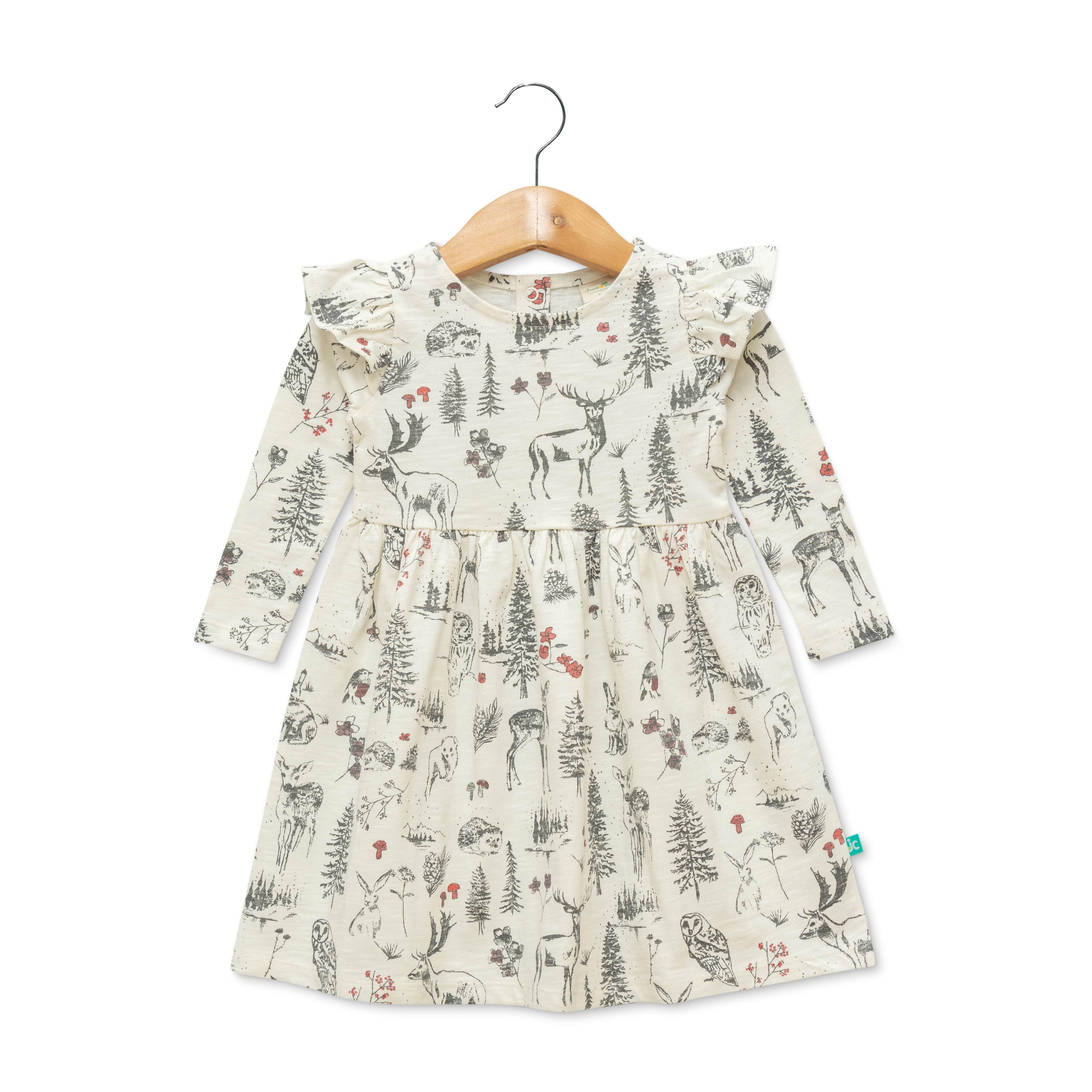 Baby Girls All Over Printed Casual Dress - Off White - Juscubs