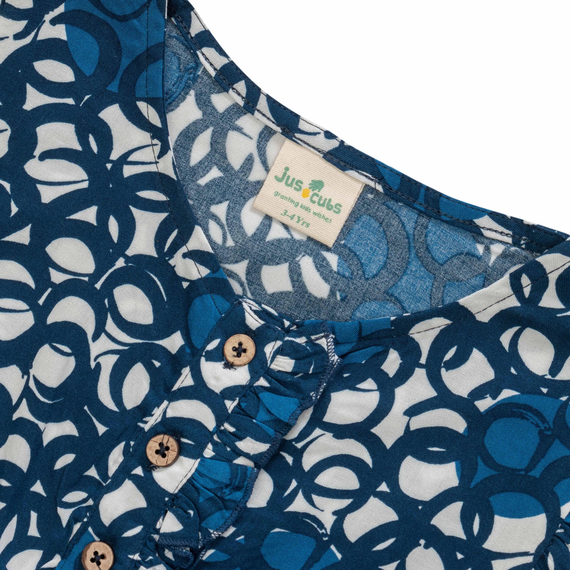 "Baby Girls' Sleeveless Navy Blue Printed Jumpsuit with Front Buttons & Waist Tie-Up"