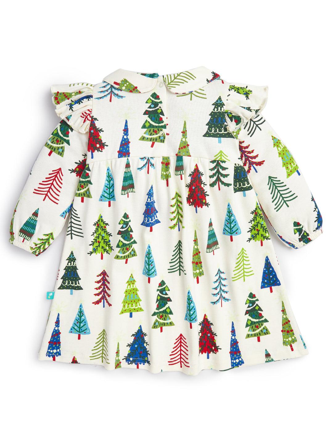 Baby Girls All Over X-Mas Tree Printed Peter Pen Collar Neck Dress - Juscubs