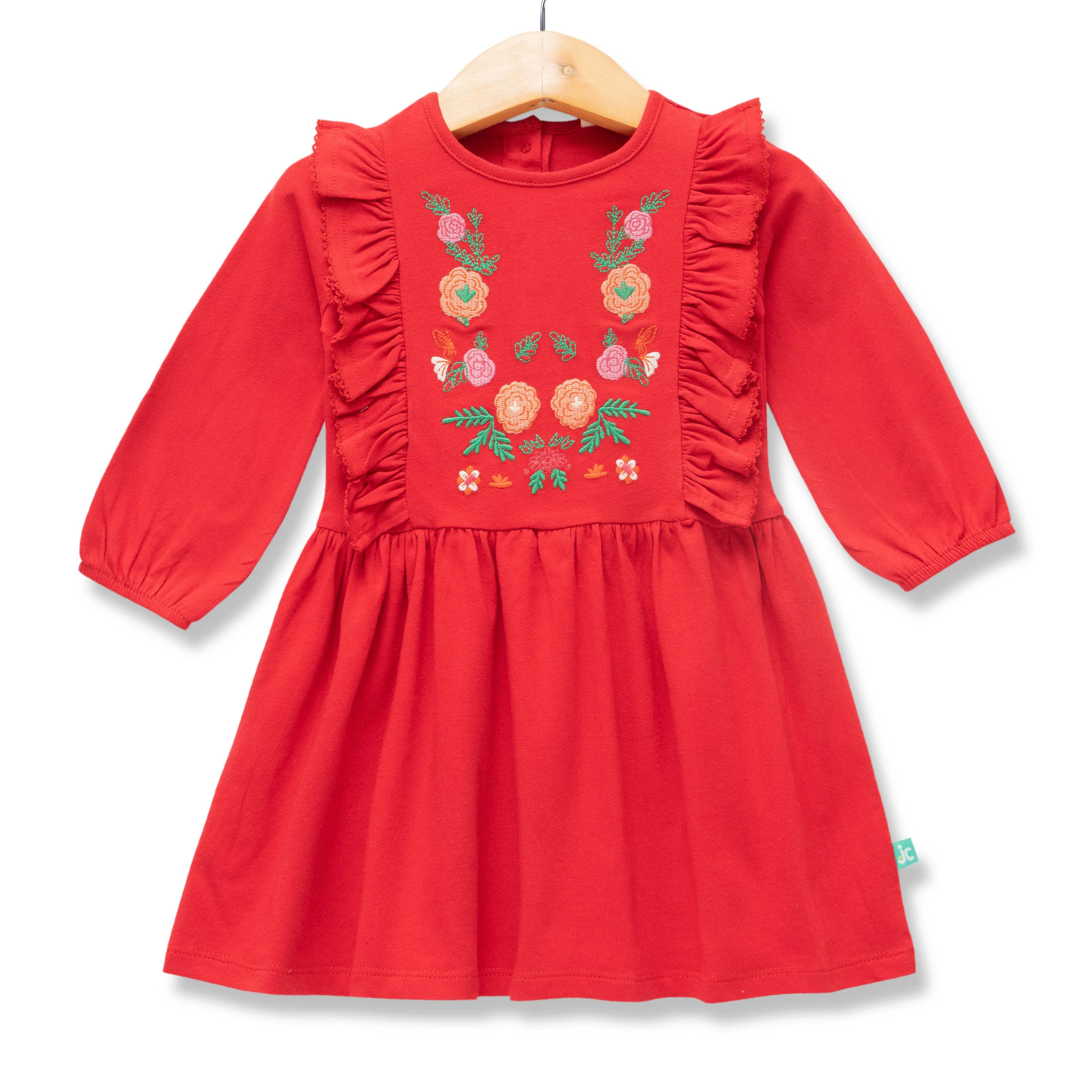 Baby Girls Flowers Embroidery Full Sleeve Fit & Flare Dress - Juscubs