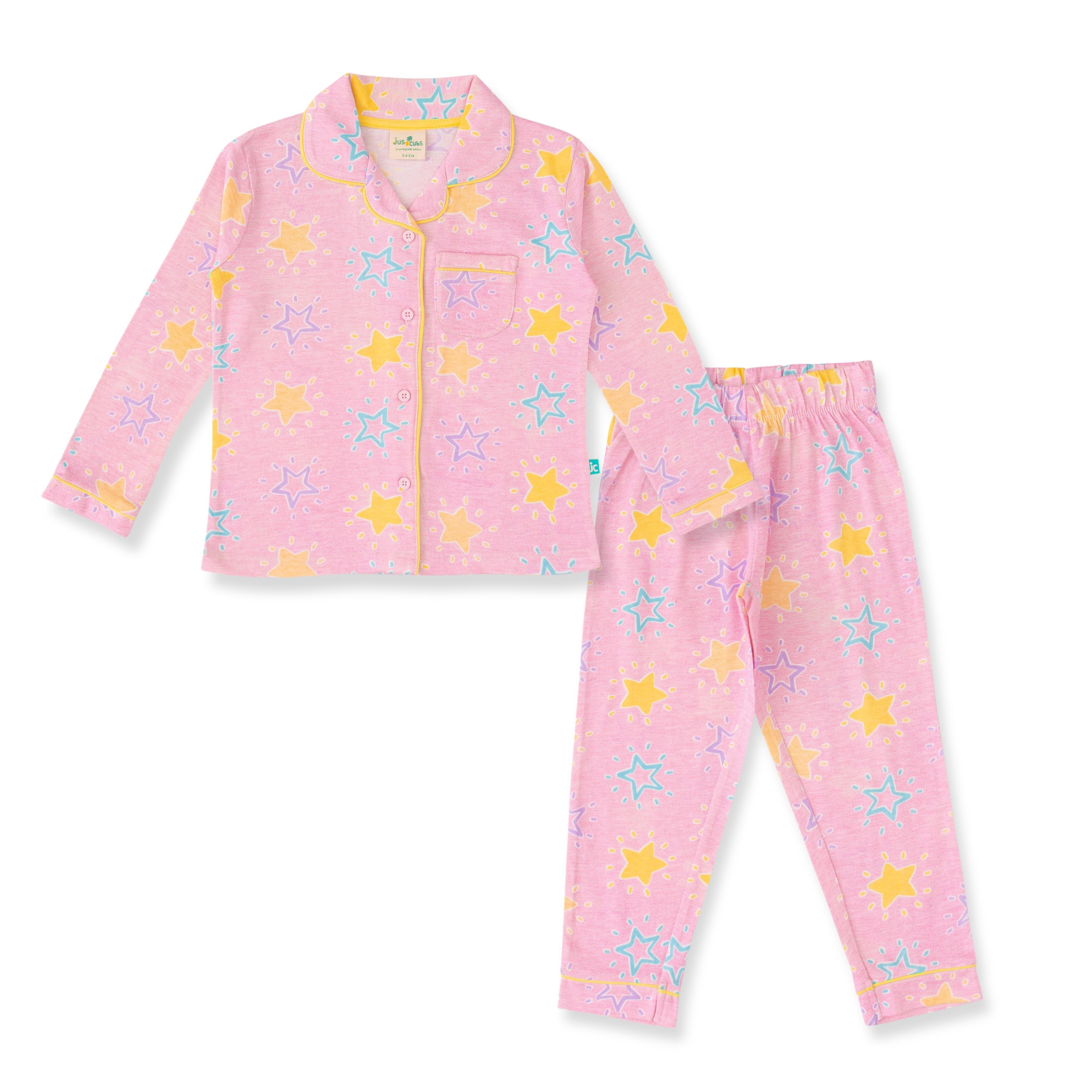 Baby Girls' Pink Star Print Cotton Pajama Set with Button-Up Shirt