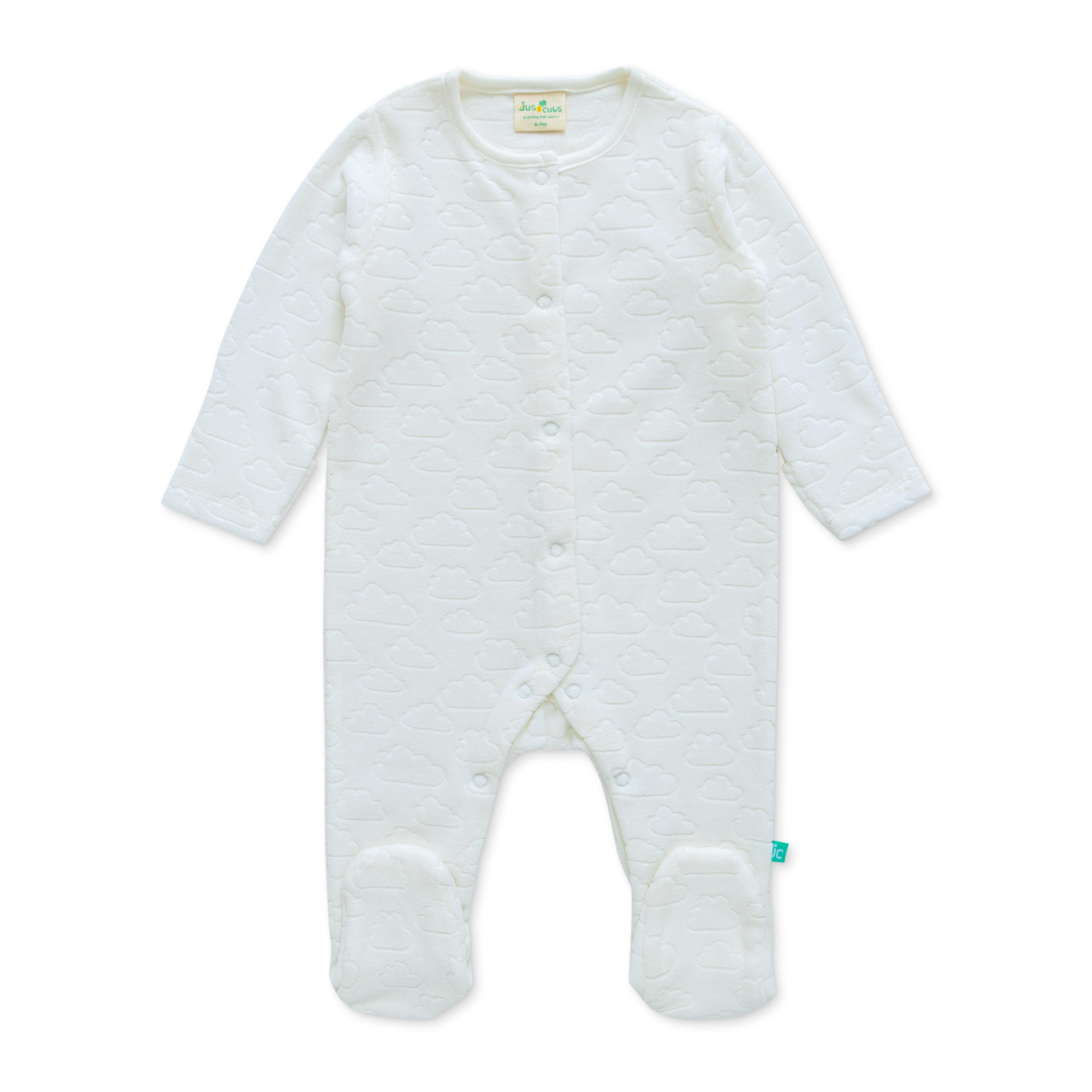 Boys velour Soft Fabric White Full Sleeve SleepSuit - Juscubs