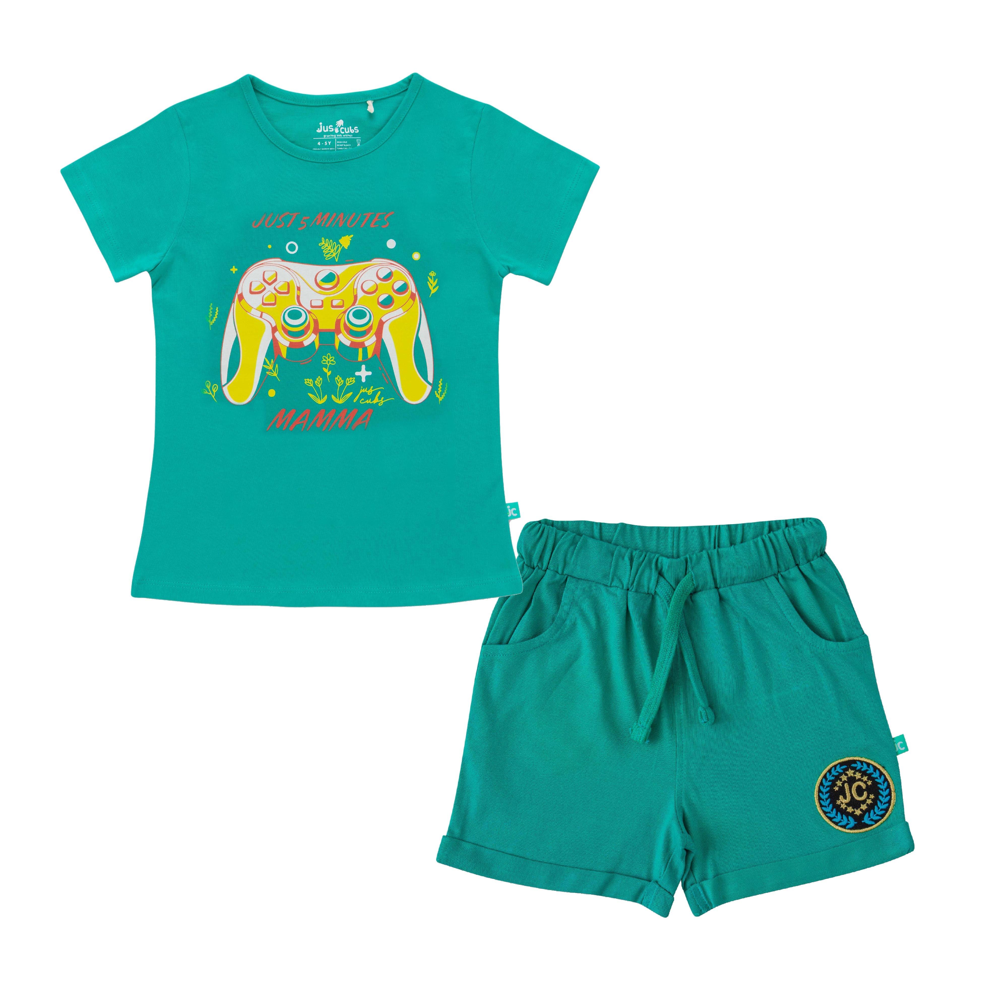 Girls Printed Pure Cotton T-shirt With Shorts - Juscubs