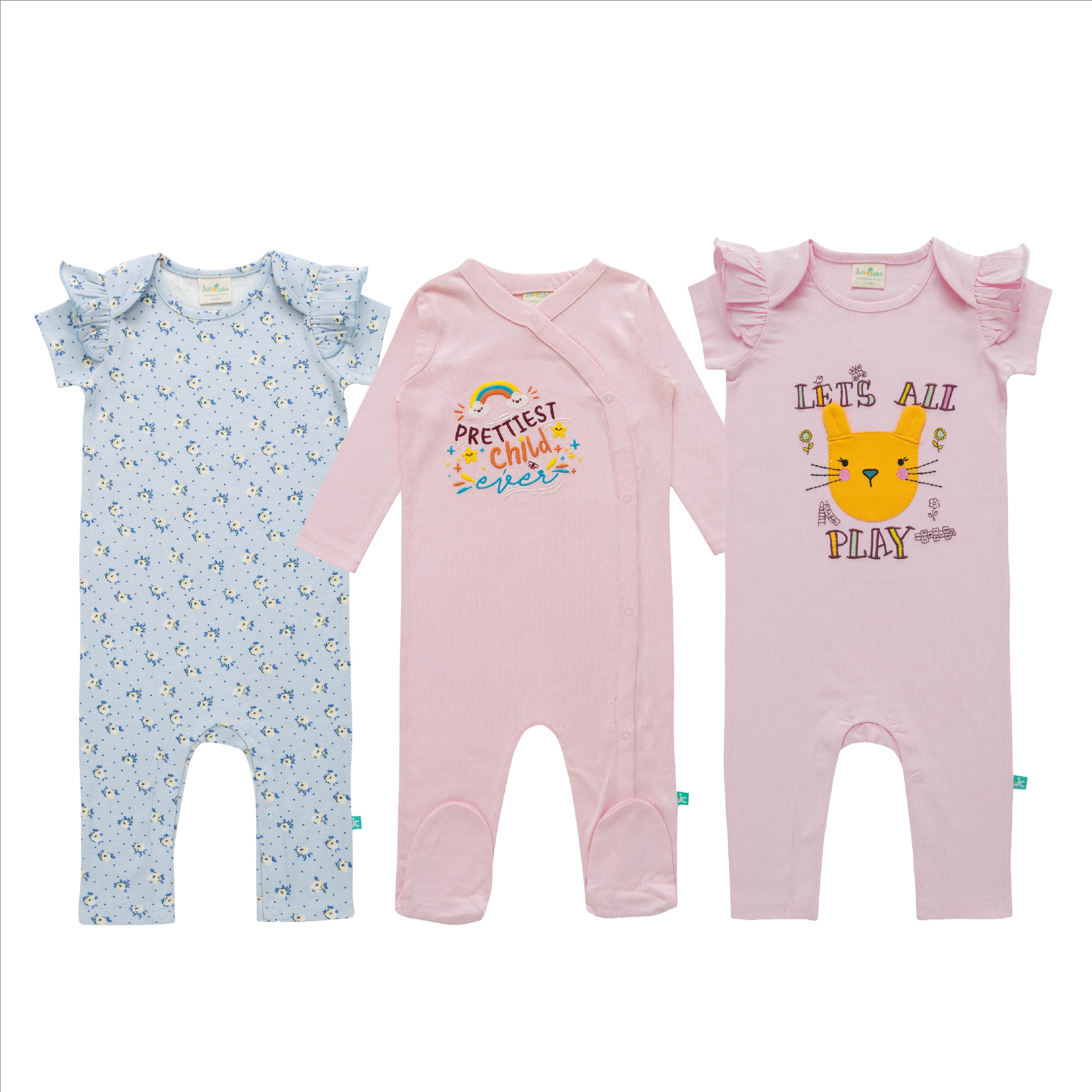 Girls New Born Graphic Printed Romper - Multicolor (Pack of 3)