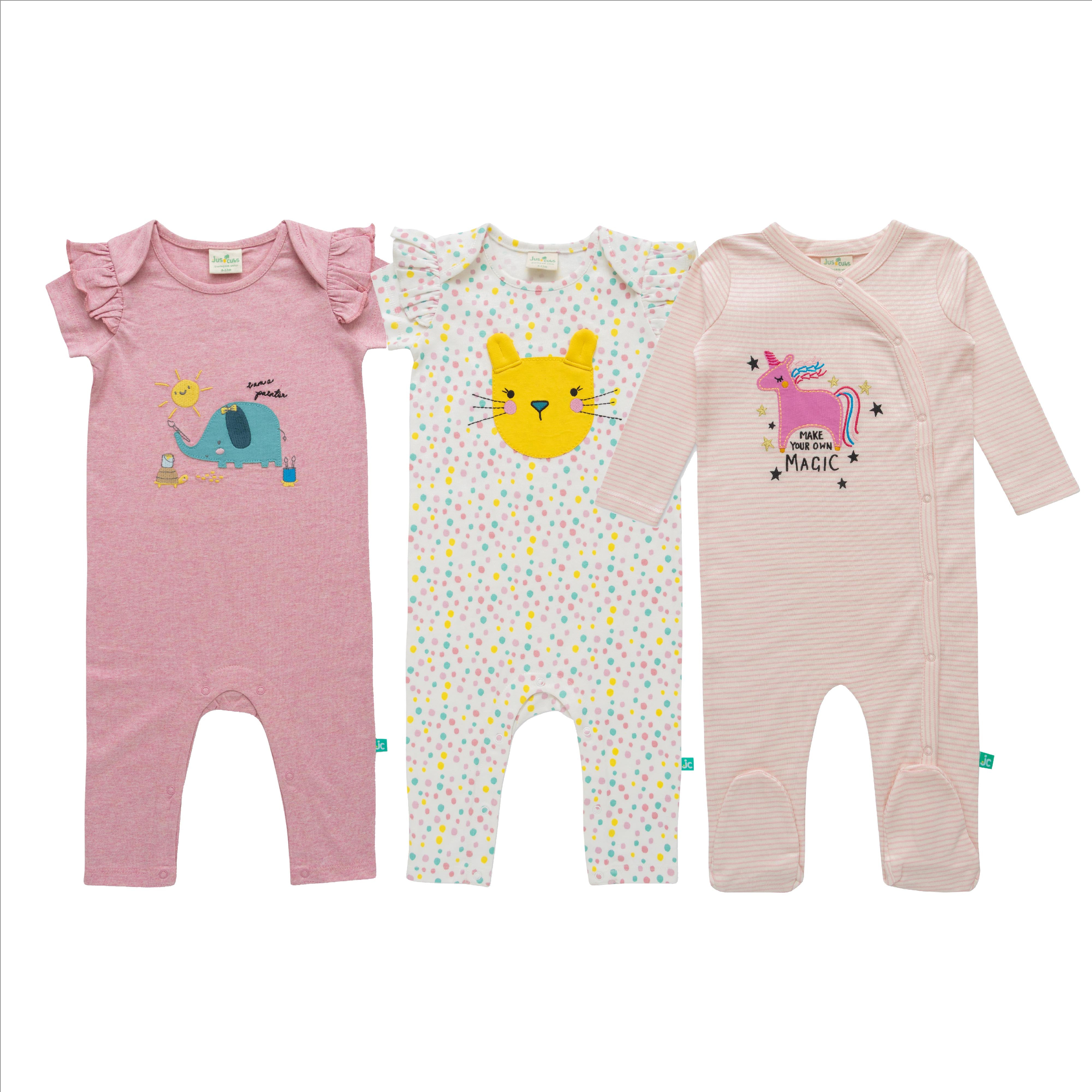 Girls New Born Graphic Printed Romper - Multicolor (Pack of 3)