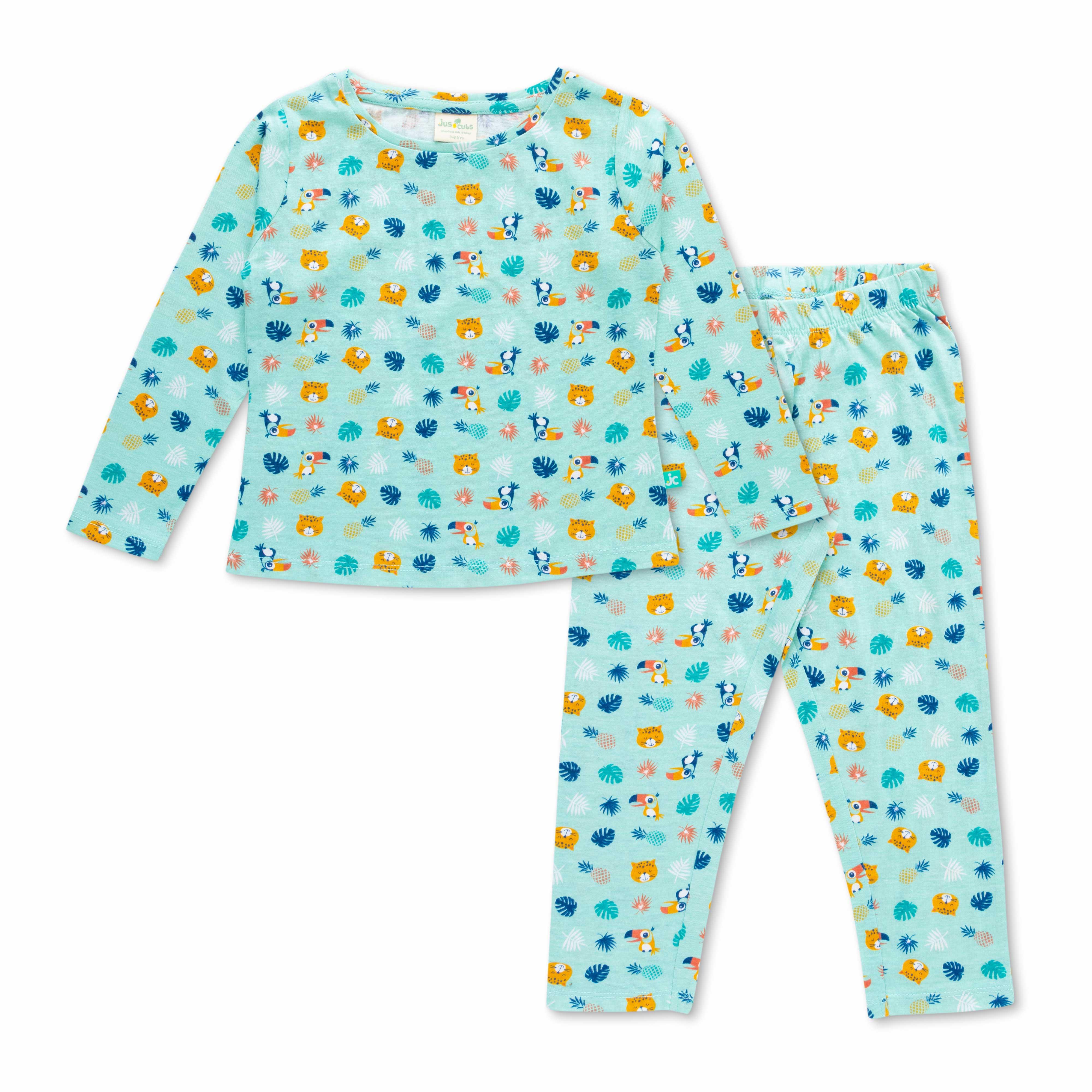 Girls Blue & Orange Printed Night suit - Juscubs