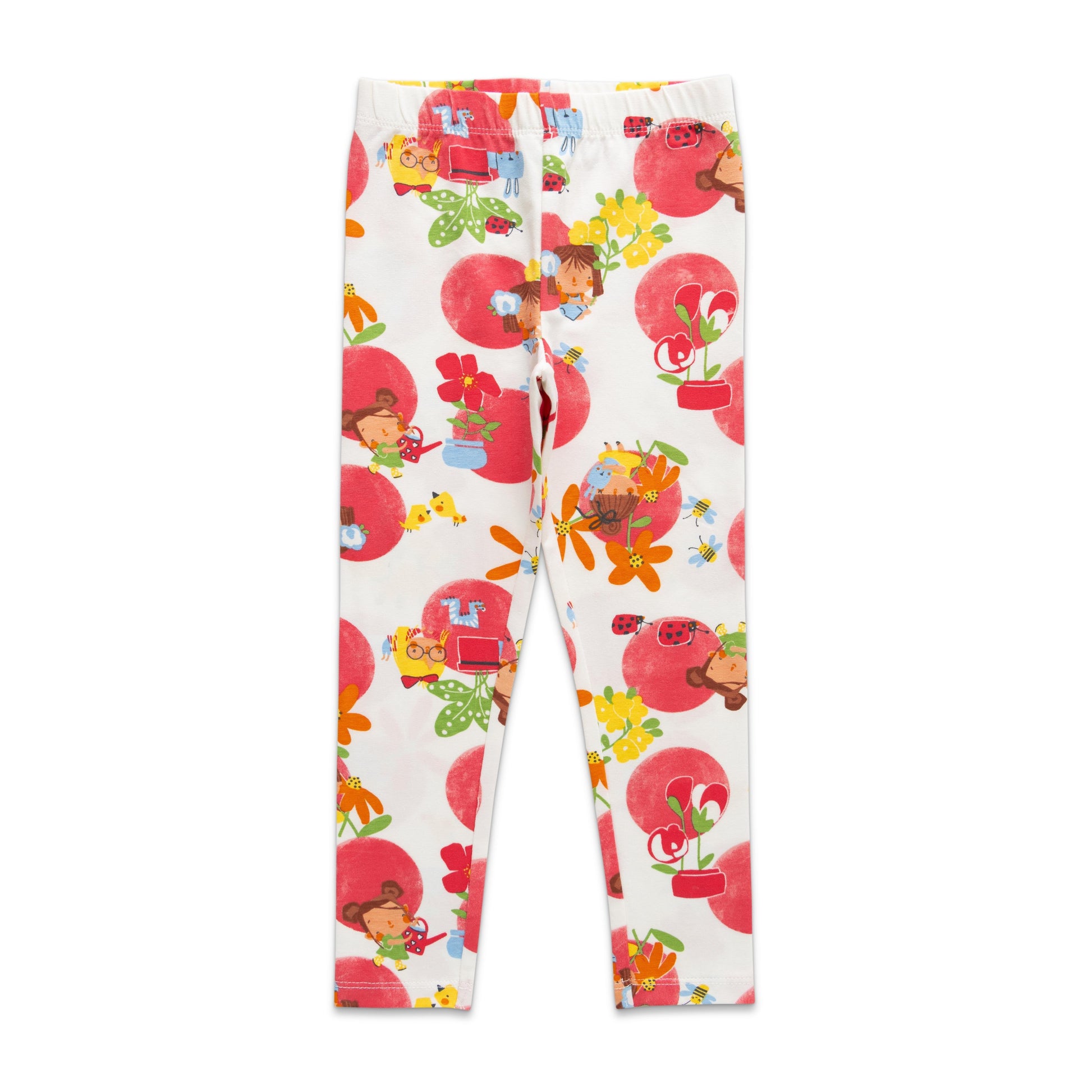 Girls' White Printed Cotton Leggings – Colorful Floral & Fruit Design for Playful Everyday Style