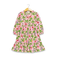 "Girls' Long Sleeve Tropical Print Dress – Pink Flamingo & Jungle Theme Cotton Frock"
