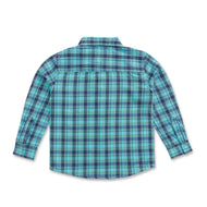 "Boys' Full Sleeve Checked Cotton Shirt – Teal & Navy Blue Plaid with Front Pocket"