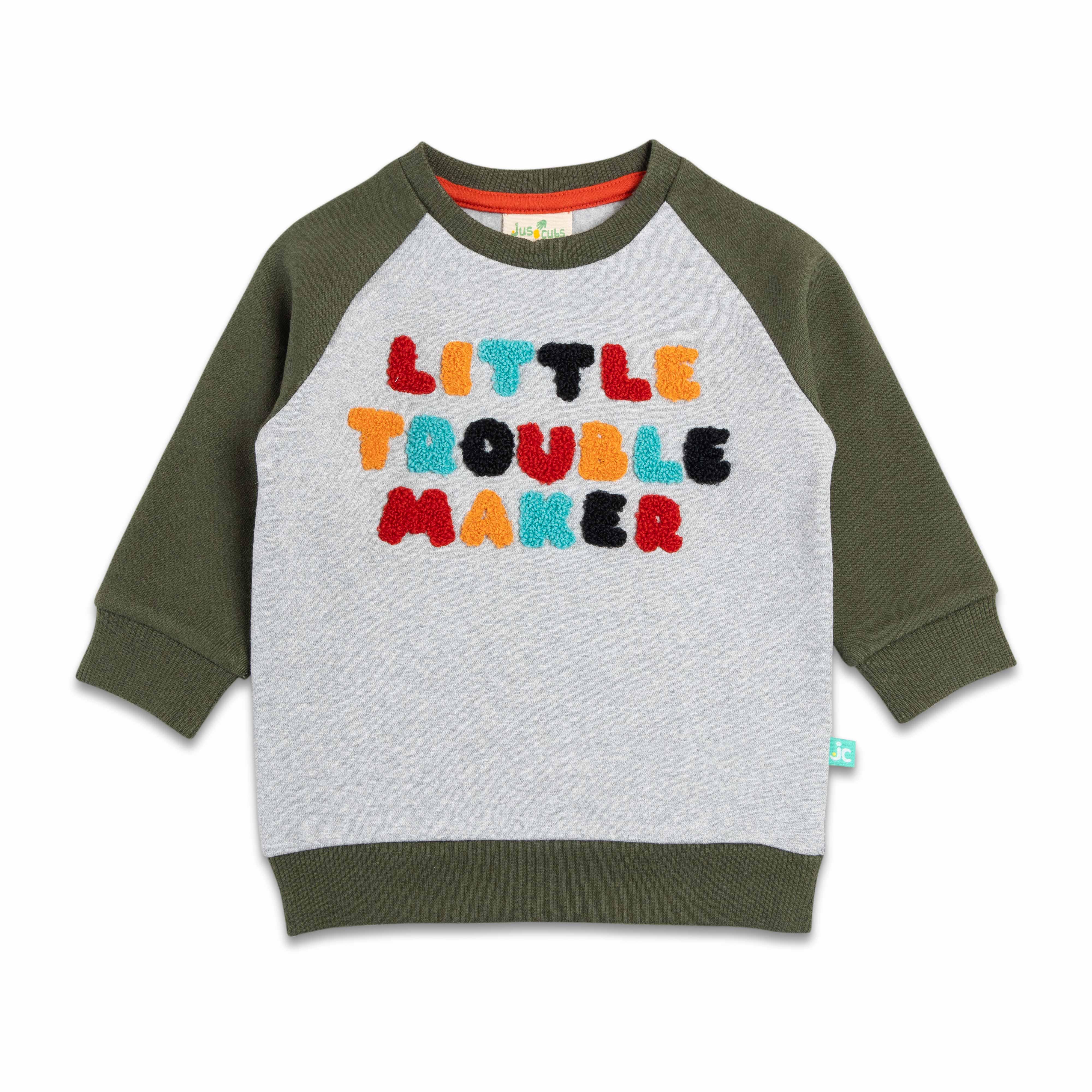 Young Boys Full Sleeve Little Trouble Maker Embroidery T Shirt With Jogger Pant - Juscubs