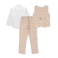 YOUNG BOYS FULL SLEEVES CHECKED COAT SUIT SET - BEIGE