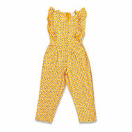 "Girls' Yellow Sleeveless Jumpsuit – All-Over Geometric Print with Ruffle Details"