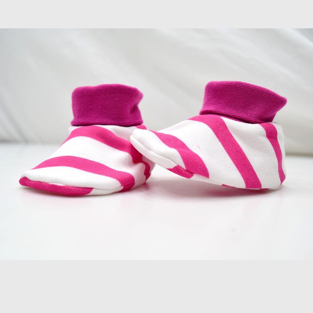 Cotton Bootees (Baby Shoe) White & Fuchsia Stripe - Juscubs