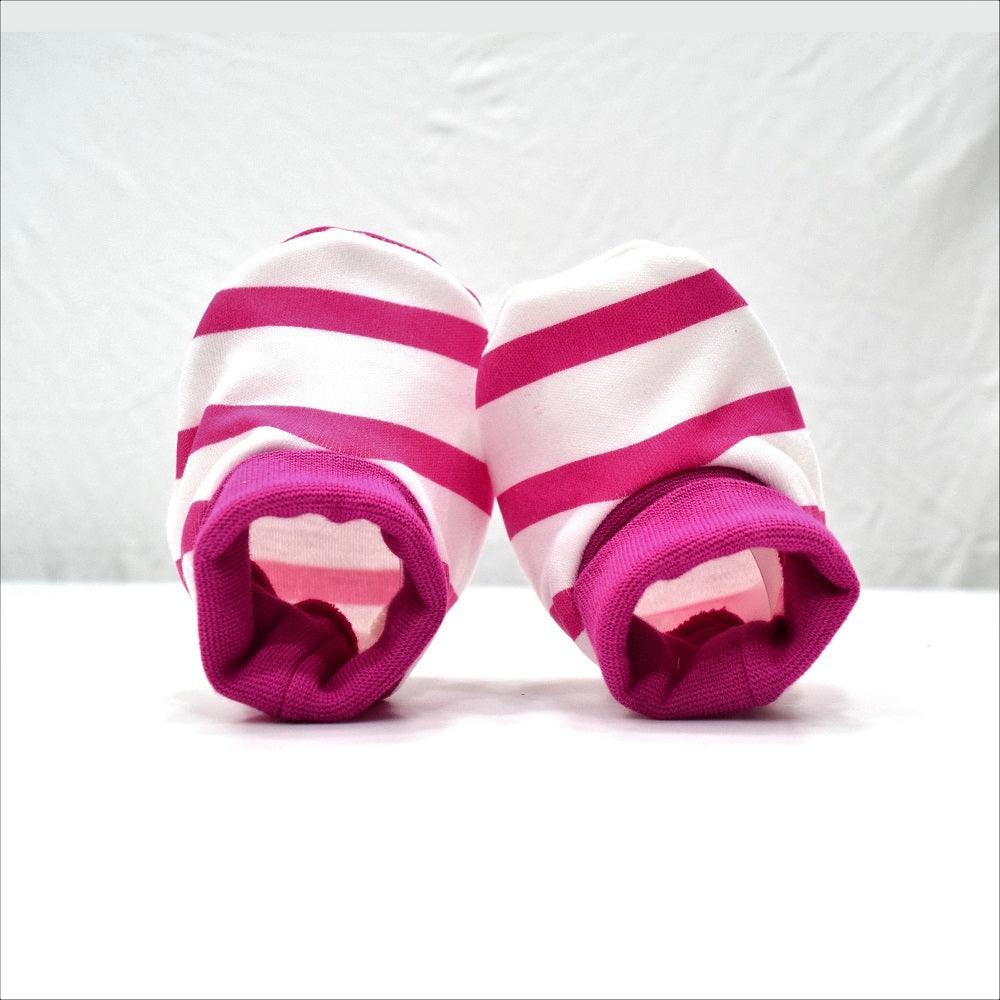 Cotton Bootees (Baby Shoe) White & Fuchsia Stripe - Juscubs