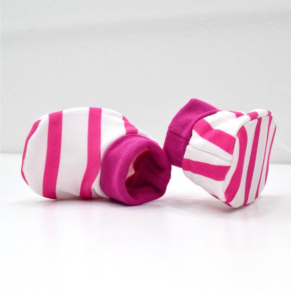 Cotton Bootees (Baby Shoe) White & Fuchsia Stripe - Juscubs