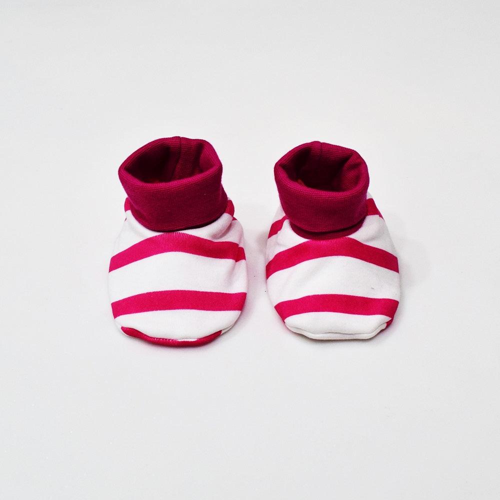 Cotton Bootees (Baby Shoe) White & Fuchsia Stripe - Juscubs