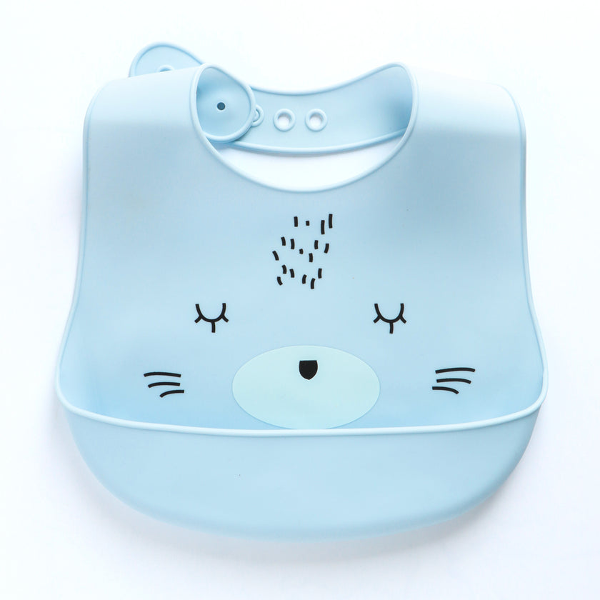 Baby Silicone Feeding Bib with Food Catcher Pocket – Blue Animal Print