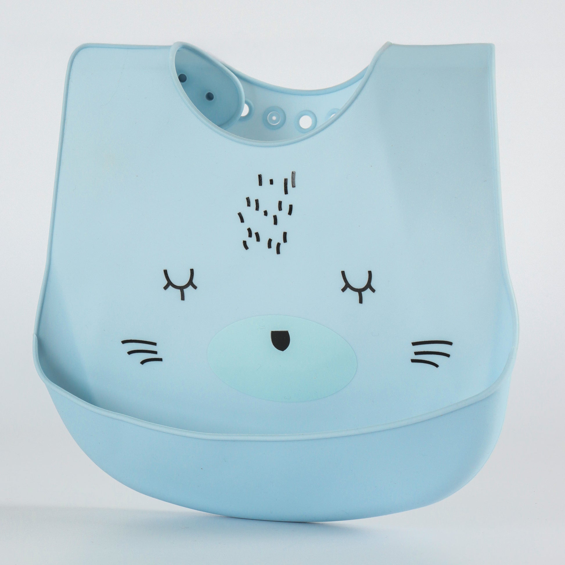 Baby Silicone Feeding Bib with Food Catcher Pocket – Blue Animal Print