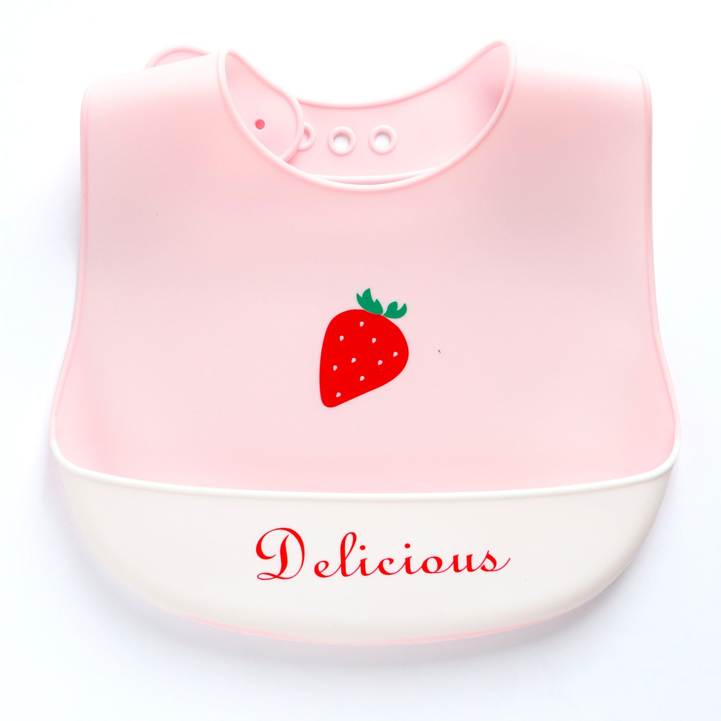 Baby Silicone Feeding Bib with Food Catcher Pocket – Pink Strawberry Print