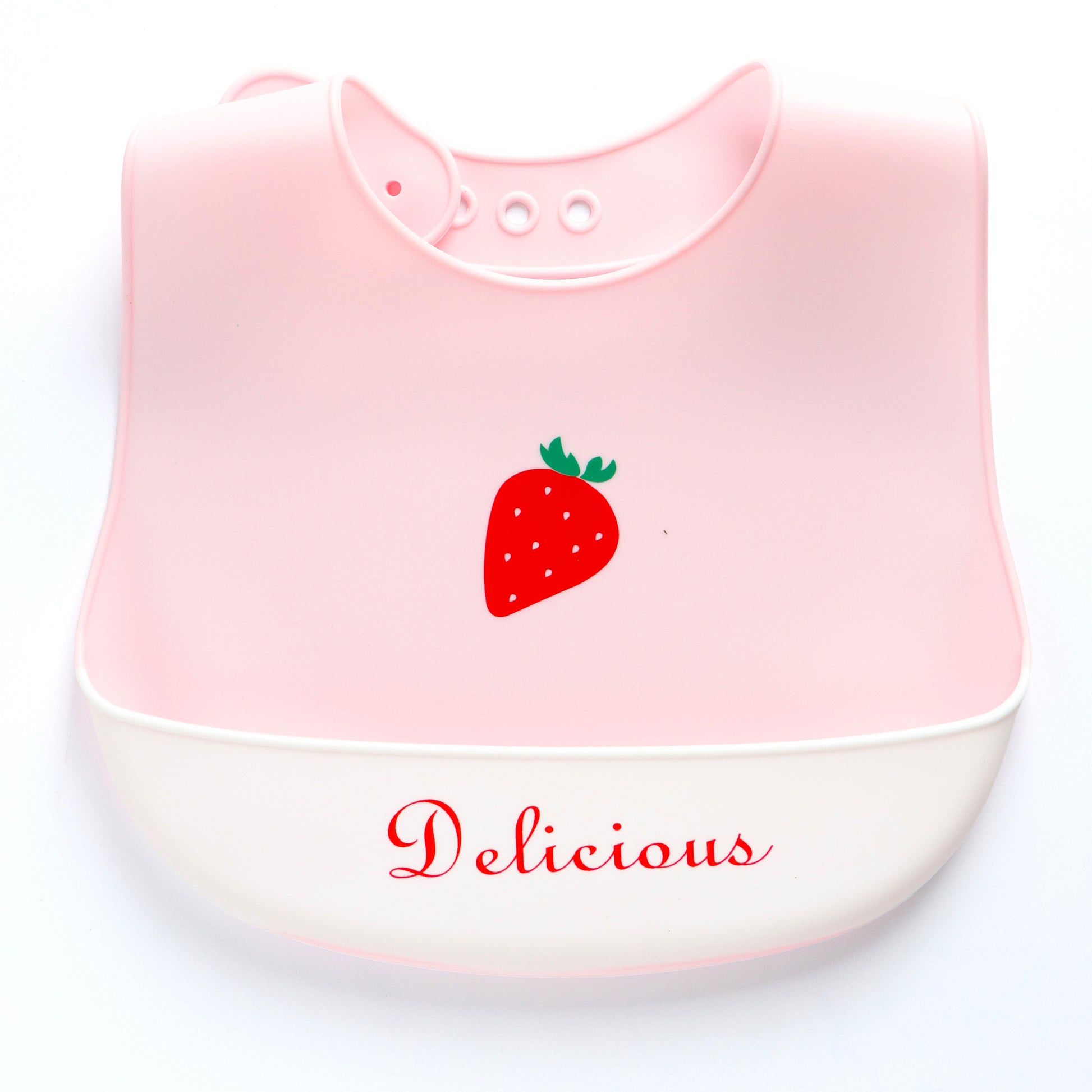 Baby Silicone Feeding Bib with Food Catcher Pocket – Pink Strawberry Print