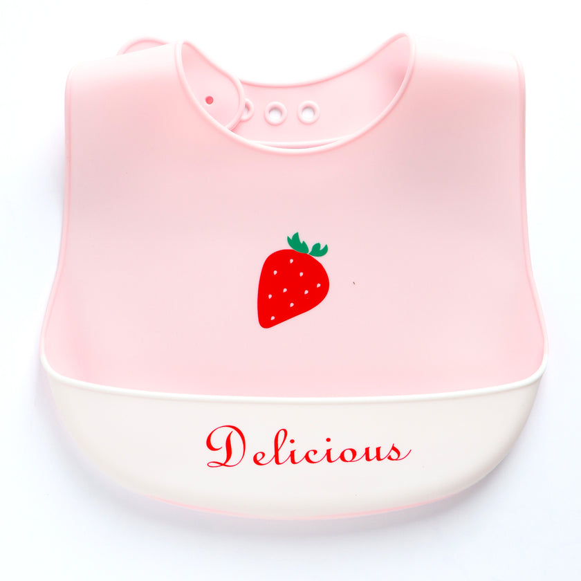 Baby Silicone Feeding Bib with Food Catcher Pocket – Pink Strawberry Print