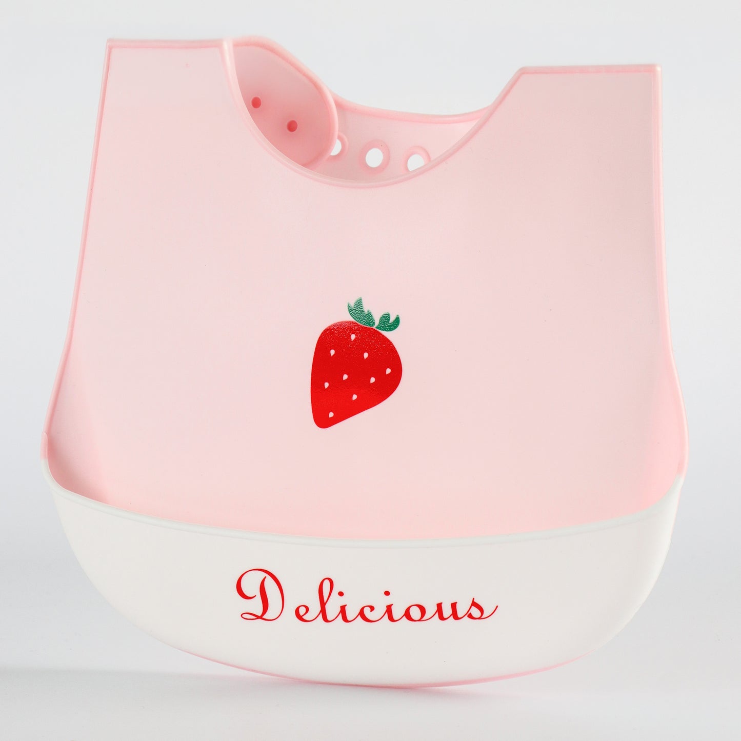 Baby Silicone Feeding Bib with Food Catcher Pocket – Pink Strawberry Print