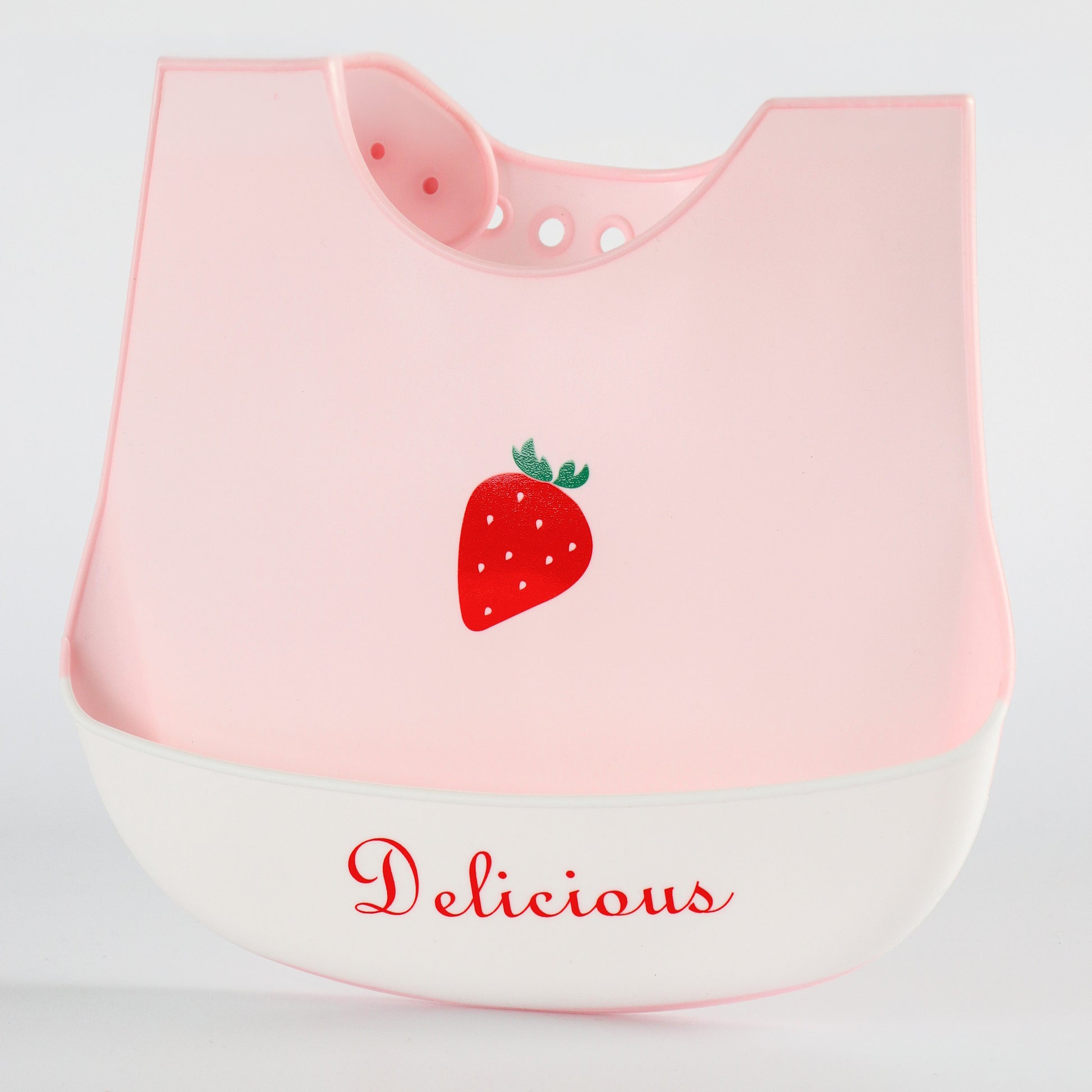 Baby Silicone Feeding Bib with Food Catcher Pocket – Pink Strawberry Print