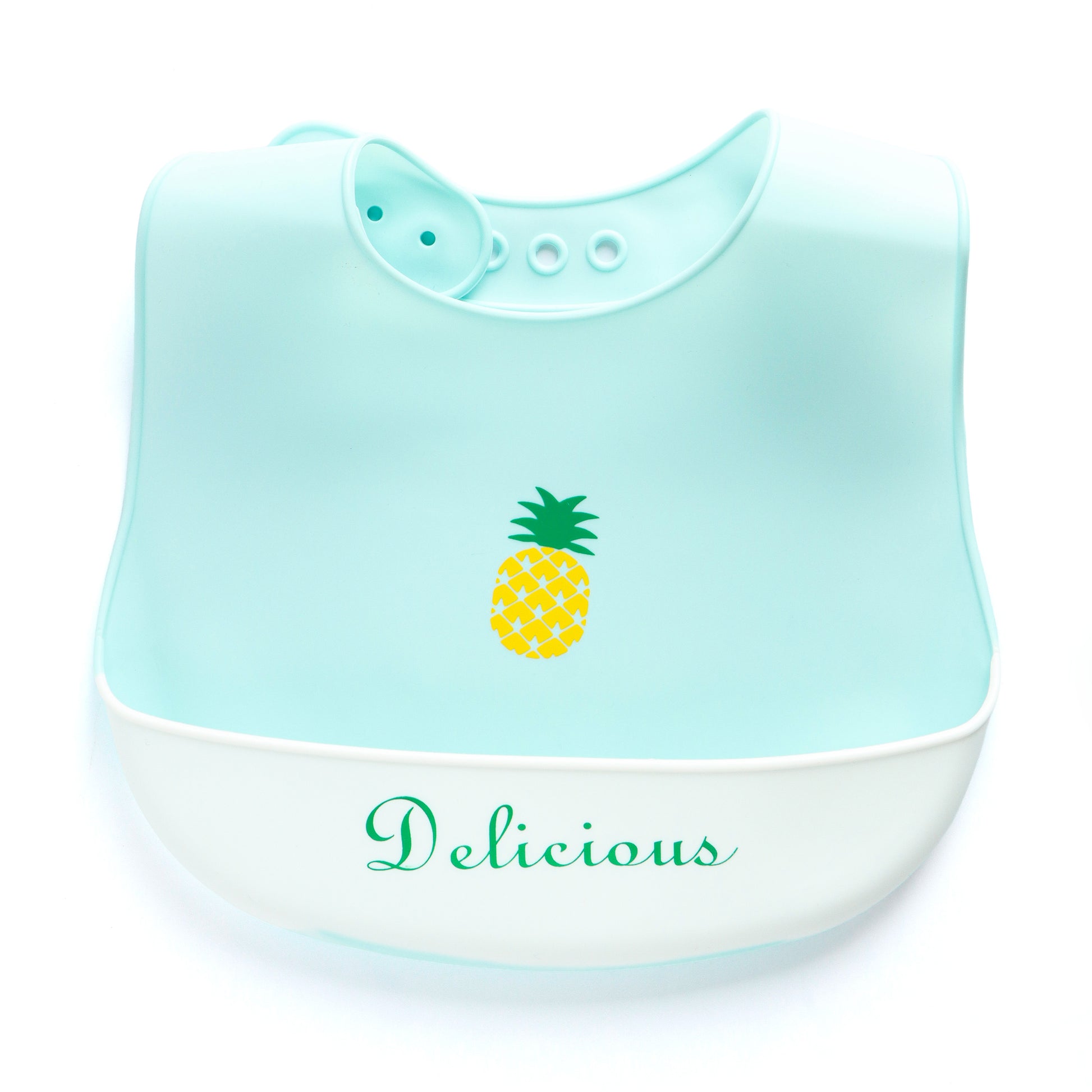 Baby Silicone Feeding Bib with Food Catcher Pocket – Mint Green Pineapple Print